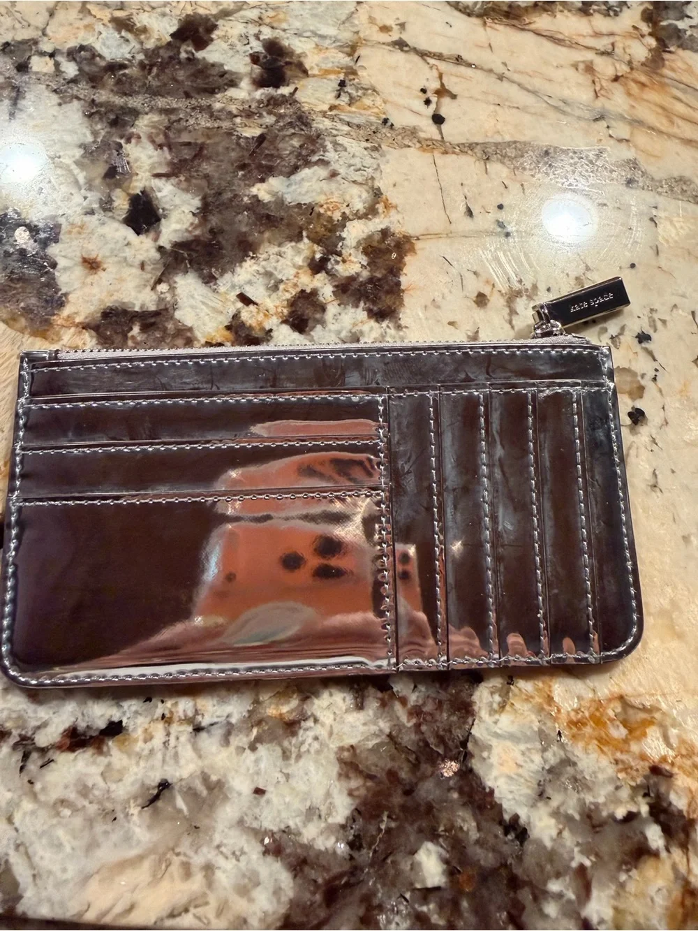 KATE SPADE NWT Iridescent Metallic Silver Wallet Card Case Zip Coin Slot